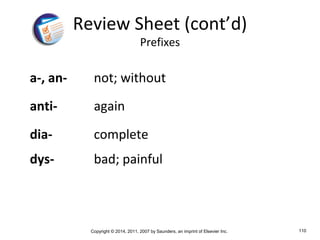 Copyright © 2014, 2011, 2007 by Saunders, an imprint of Elsevier Inc. 110
a-, an- not; without
anti- again
dia- complete
dys- bad; painful
Review Sheet (cont’d)
Prefixes
 