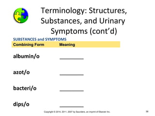 Copyright © 2014, 2011, 2007 by Saunders, an imprint of Elsevier Inc. 58
Terminology: Structures,
Substances, and Urinary
Symptoms (cont’d)
SUBSTANCES and SYMPTOMS
albumin/o ________
azot/o ________
bacteri/o ________
dips/o ________
Combining Form MeaningCombining Form Meaning
 