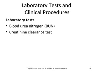 Copyright © 2014, 2011, 2007 by Saunders, an imprint of Elsevier Inc. 74
Laboratory Tests and
Clinical Procedures
Laboratory tests
• Blood urea nitrogen (BUN)
• Creatinine clearance test
 