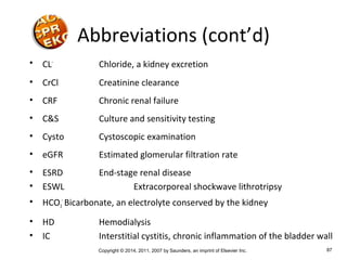 Copyright © 2014, 2011, 2007 by Saunders, an imprint of Elsevier Inc. 87
• CL-
Chloride, a kidney excretion
• CrCl Creatinine clearance
• CRF Chronic renal failure
• C&S Culture and sensitivity testing
• Cysto Cystoscopic examination
• eGFR Estimated glomerular filtration rate
• ESRD End-stage renal disease
• ESWL Extracorporeal shockwave lithrotripsy
• HCO3
-
Bicarbonate, an electrolyte conserved by the kidney
• HD Hemodialysis
• IC Interstitial cystitis, chronic inflammation of the bladder wall
Abbreviations (cont’d)
 