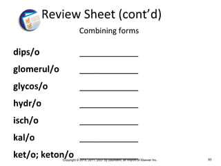 Copyright © 2014, 2011, 2007 by Saunders, an imprint of Elsevier Inc. 93
dips/o ____________
glomerul/o ____________
glycos/o ____________
hydr/o ____________
isch/o ____________
kal/o ____________
ket/o; keton/o ____________
Review Sheet (cont’d)
Combining forms
 