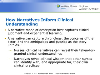 Copyright © 2011 Wolters Kluwer Health | Lippincott Williams & Wilkins
How Narratives Inform Clinical
Understanding
• A narrative mode of description best captures clinical
judgment and experiential learning
• A narrative can capture chronology, the concerns of the
actor, and the ambiguities and puzzles as the story
unfolds
− Nurses’ clinical narratives can reveal their taken-for-
granted clinical understandings
− Narratives reveal clinical wisdom that other nurses
can identify with, and appropriate for, their own
clinical practices
 