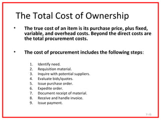 The Total Cost of Ownership
•     The true cost of an item is its purchase price, plus fixed,
      variable, and overhead costs. Beyond the direct costs are
      the total procurement costs.

•     The cost of procurement includes the following steps:

        1.   Identify need.
        2.   Requisition material.
        3.   Inquire with potential suppliers.
        4.   Evaluate bids/quotes.
        5.   Issue purchase order.
        6.   Expedite order.
        7.   Document receipt of material.
        8.   Receive and handle invoice.
        9.   Issue payment.

                                                              7-15
 
