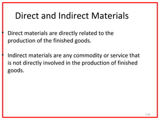 Direct and Indirect Materials
• Direct materials are directly related to the
  production of the finished goods.

• Indirect materials are any commodity or service that
  is not directly involved in the production of finished
  goods.




                                                           7-20
 