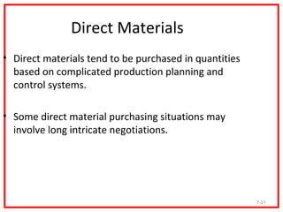 Direct Materials
• Direct materials tend to be purchased in quantities
  based on complicated production planning and
  control systems.

• Some direct material purchasing situations may
  involve long intricate negotiations.




                                                        7-21
 
