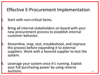 Effective E-Procurement Implementation
1. Start with non-critical items.

2. Bring all internal stakeholders on board with your
   new procurement process to establish internal
   customer behavior.

3. Streamline, map, test, troubleshoot, and improve
   the process before expanding it to external
   suppliers. Work with a favored supplier to test the
   system.

4. Leverage your system once it’s running. Exploit
   your full purchasing power by using reverse
   auctions.                                             7-28
 