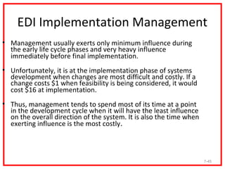 EDI Implementation Management
• Management usually exerts only minimum influence during
  the early life cycle phases and very heavy influence
  immediately before final implementation.
• Unfortunately, it is at the implementation phase of systems
  development when changes are most difficult and costly. If a
  change costs $1 when feasibility is being considered, it would
  cost $16 at implementation.
• Thus, management tends to spend most of its time at a point
  in the development cycle when it will have the least influence
  on the overall direction of the system. It is also the time when
  exerting influence is the most costly.



                                                                     7-45
 