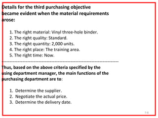 Details for the third purchasing objective
became evident when the material requirements
arose:

    1. The right material: Vinyl three-hole binder.
    2. The right quality: Standard.
    3. The right quantity: 2,000 units.
    4. The right place: The training area.
    5. The right time: Now.
-------------------------------------------------------------------------
Thus, based on the above criteria specified by the
using department manager, the main functions of the
purchasing department are to:

    1. Determine the supplier.
    2. Negotiate the actual price.
    3. Determine the delivery date.

                                                                            7-8
 