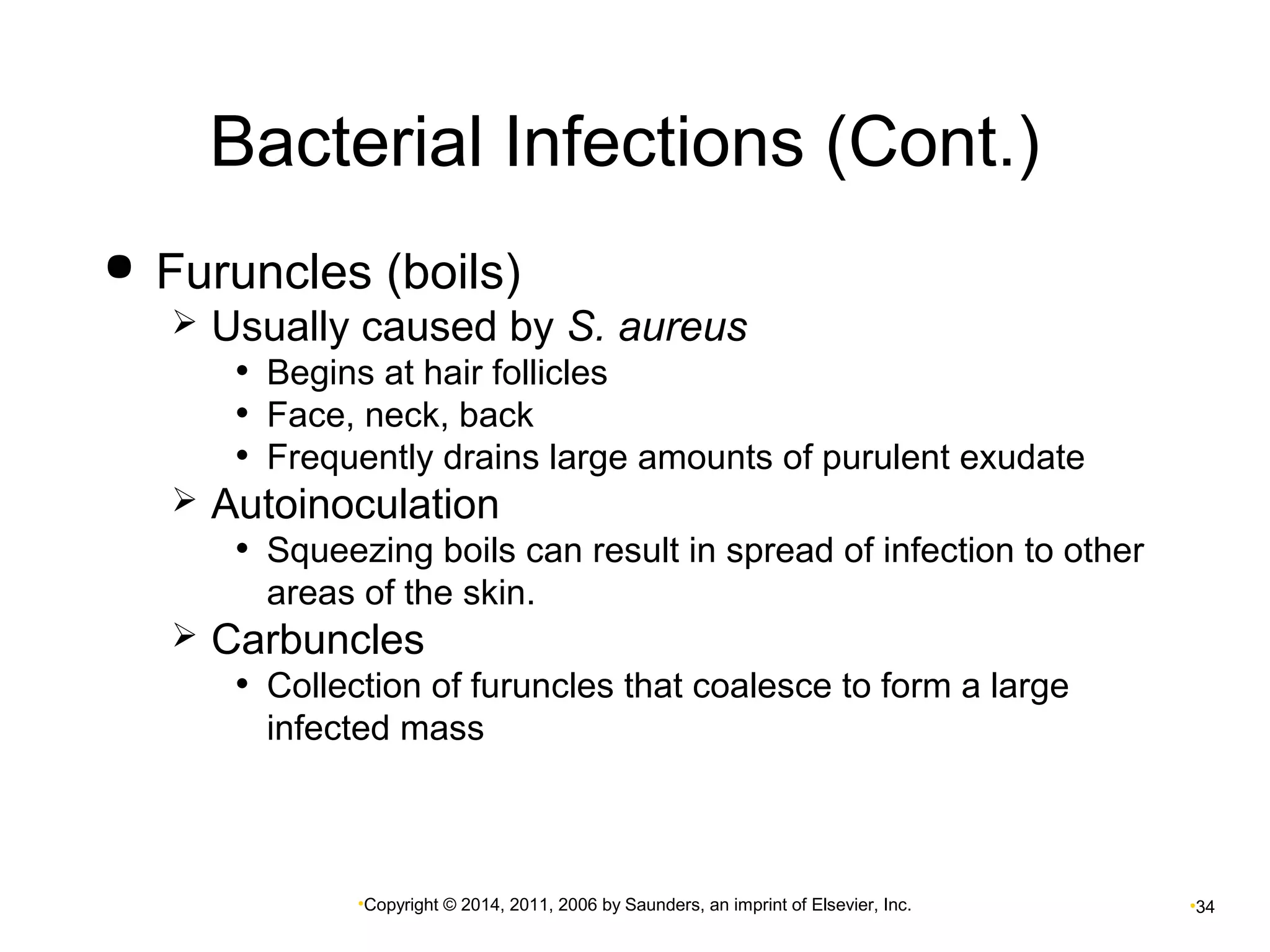 Bacterial Infections (Cont.) 
 Furuncles (boils) 
 Usually caused by S. aureus 
• Begins at hair follicles 
• Face, neck, back 
• Frequently drains large amounts of purulent exudate 
 Autoinoculation 
• Squeezing boils can result in spread of infection to other 
areas of the skin. 
 Carbuncles 
• Collection of furuncles that coalesce to form a large 
infected mass 
•Copyright © 2014, 2011, 2006 by Saunders, an imprint of Elsevier, Inc. •34 
 