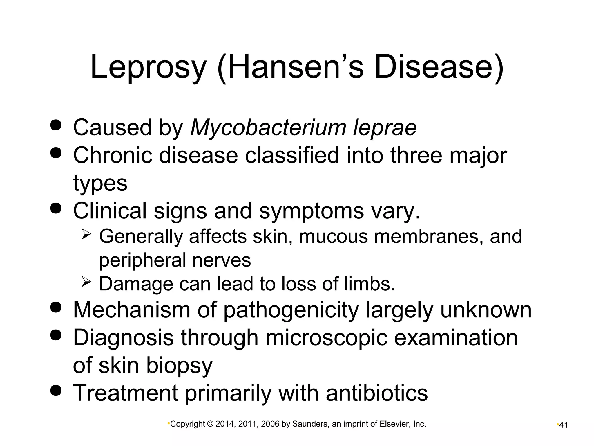 Leprosy (Hansen’s Disease) 
 Caused by Mycobacterium leprae 
 Chronic disease classified into three major 
types 
 Clinical signs and symptoms vary. 
 Generally affects skin, mucous membranes, and 
peripheral nerves 
 Damage can lead to loss of limbs. 
 Mechanism of pathogenicity largely unknown 
 Diagnosis through microscopic examination 
of skin biopsy 
 Treatment primarily with antibiotics 
•Copyright © 2014, 2011, 2006 by Saunders, an imprint of Elsevier, Inc. •41 
 