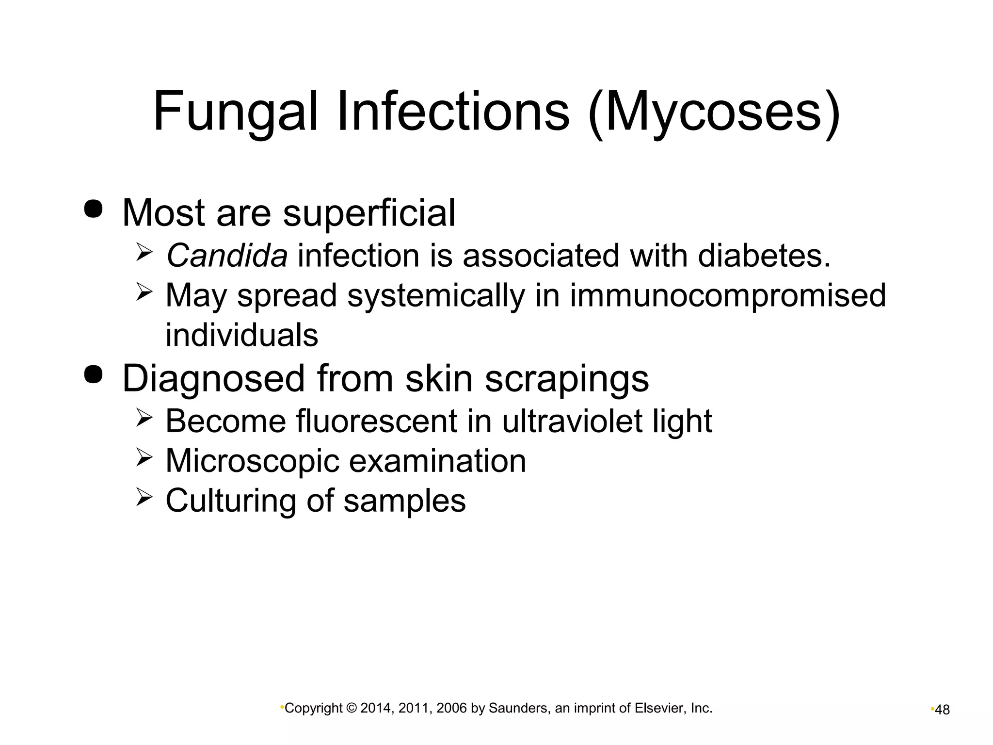 Fungal Infections (Mycoses) 
 Most are superficial 
 Candida infection is associated with diabetes. 
 May spread systemically in immunocompromised 
individuals 
 Diagnosed from skin scrapings 
 Become fluorescent in ultraviolet light 
 Microscopic examination 
 Culturing of samples 
•Copyright © 2014, 2011, 2006 by Saunders, an imprint of Elsevier, Inc. •48 
 