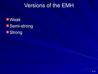 8-10
Versions of the EMH
Weak
Weak
Semi-strong
Semi-strong
Strong
Strong
 