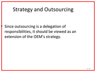 Strategy and Outsourcing

• Since outsourcing is a delegation of
  responsibilities, it should be viewed as an
  extension...