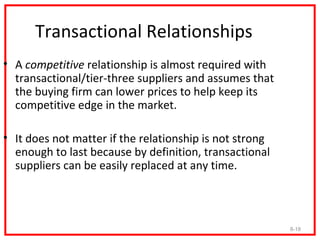Transactional Relationships
• A competitive relationship is almost required with
  transactional/tier-three suppliers and ...