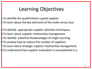 Learning Objectives
1.To identify the qualifications a good supplier.
2.To learn about the key elements of the make-versus...
