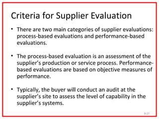 Criteria for Supplier Evaluation
• In addition, large buying organizations increasingly
  are demanding that their supplie...