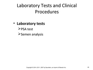 Copyright © 2014, 2011, 2007 by Saunders, an imprint of Elsevier Inc. 40
Laboratory Tests and Clinical
Procedures
• Laboratory tests
PSA test
Semen analysis
 
