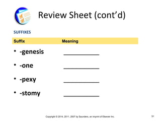 Copyright © 2014, 2011, 2007 by Saunders, an imprint of Elsevier Inc. 51
Review Sheet (cont’d)
SUFFIXES
• -genesis __________
• -one __________
• -pexy __________
• -stomy __________
SuffixSuffix MeaningMeaning
 