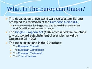 9-11
What Is The European Union?
 The devastation of two world wars on Western Europe
prompted the formation of the European Union (EU)
 members wanted lasting peace and to hold their own on the
world’s political and economic stage
 The Single European Act (1987) committed the countries
to work toward establishment of a single market by
December 31, 1992
 The main institutions in the EU include:
1. The European Council
2. The European Commission
3. The European Parliament
4. The Court of Justice
 