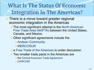 9-13
What Is The Status Of Economic
Integration In The Americas?
 There is a move toward greater regional
economic integration in the Americas
The most significant attempt is the North American
Free Trade Area (NAFTA) between the United States,
Canada, and Mexico
Other significant agreements include the
Andean Community
MERCOSUR
a Free Trade of the Americas is under discussion
Two smaller trade pacts in the Americas are
the Central American Trade Agreement
CARICOM
 
