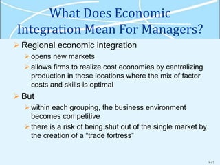 9-17
What Does Economic
Integration Mean For Managers?
 Regional economic integration
opens new markets
allows firms to realize cost economies by centralizing
production in those locations where the mix of factor
costs and skills is optimal
 But
within each grouping, the business environment
becomes competitive
there is a risk of being shut out of the single market by
the creation of a “trade fortress”
 