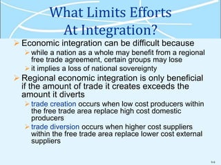 9-8
What Limits Efforts
At Integration?
 Economic integration can be difficult because
while a nation as a whole may benefit from a regional
free trade agreement, certain groups may lose
it implies a loss of national sovereignty
 Regional economic integration is only beneficial
if the amount of trade it creates exceeds the
amount it diverts
trade creation occurs when low cost producers within
the free trade area replace high cost domestic
producers
trade diversion occurs when higher cost suppliers
within the free trade area replace lower cost external
suppliers
 