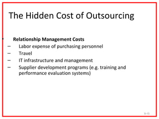 The Hidden Cost of Outsourcing

•       Relationship Management Costs
    –     Labor expense of purchasing personnel
    –     Travel
    –     IT infrastructure and management
    –     Supplier development programs (e.g. training and
          performance evaluation systems)




                                                             9-15
 