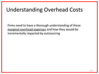 Understanding Overhead Costs

Firms need to have a thorough understanding of these
marginal overhead expenses and how they would be
incrementally impacted by outsourcing




                                                       9-17
 