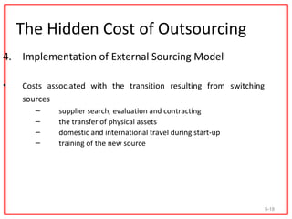 The Hidden Cost of Outsourcing
4. Implementation of External Sourcing Model

•   Costs associated with the transition resulting from switching
    sources
       –     supplier search, evaluation and contracting
       –     the transfer of physical assets
       –     domestic and international travel during start-up
       –     training of the new source




                                                                    9-18
 