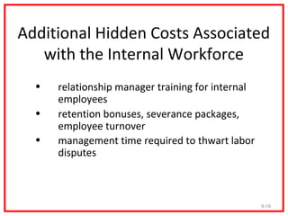 Additional Hidden Costs Associated
   with the Internal Workforce
  •   relationship manager training for internal
      employees
  •   retention bonuses, severance packages,
      employee turnover
  •   management time required to thwart labor
      disputes



                                                   9-19
 