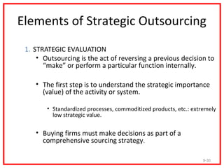 Elements of Strategic Outsourcing
 1. STRATEGIC EVALUATION
     • Outsourcing is the act of reversing a previous decision to
       “make” or perform a particular function internally.

    • The first step is to understand the strategic importance
      (value) of the activity or system.

        • Standardized processes, commoditized products, etc.: extremely
          low strategic value.

    • Buying firms must make decisions as part of a
      comprehensive sourcing strategy.

                                                                   9-30
 