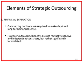 Elements of Strategic Outsourcing

2. FINANCIAL EVALUATION

   • Outsourcing decisions are required to make short and
     long-term financial sense.

   • However outsourcing benefits are not mutually exclusive
     and independent constructs, but rather significantly
     interrelated.




                                                               9-31
 