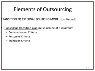 Elements of Outsourcing
TRANSITION TO EXTERNAL SOURCING MODEL (continued)

• Consensus transition plan must include at a minimum
   – Communication Criteria
   – Personnel Criteria
   – Transition Criteria




                                                        9-35
 