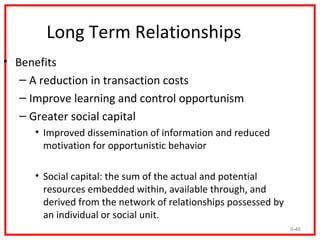 Long Term Relationships
• Benefits
   – A reduction in transaction costs
   – Improve learning and control opportunism
   – Greater social capital
     • Improved dissemination of information and reduced
       motivation for opportunistic behavior

     • Social capital: the sum of the actual and potential
       resources embedded within, available through, and
       derived from the network of relationships possessed by
       an individual or social unit.
                                                                9-46
 