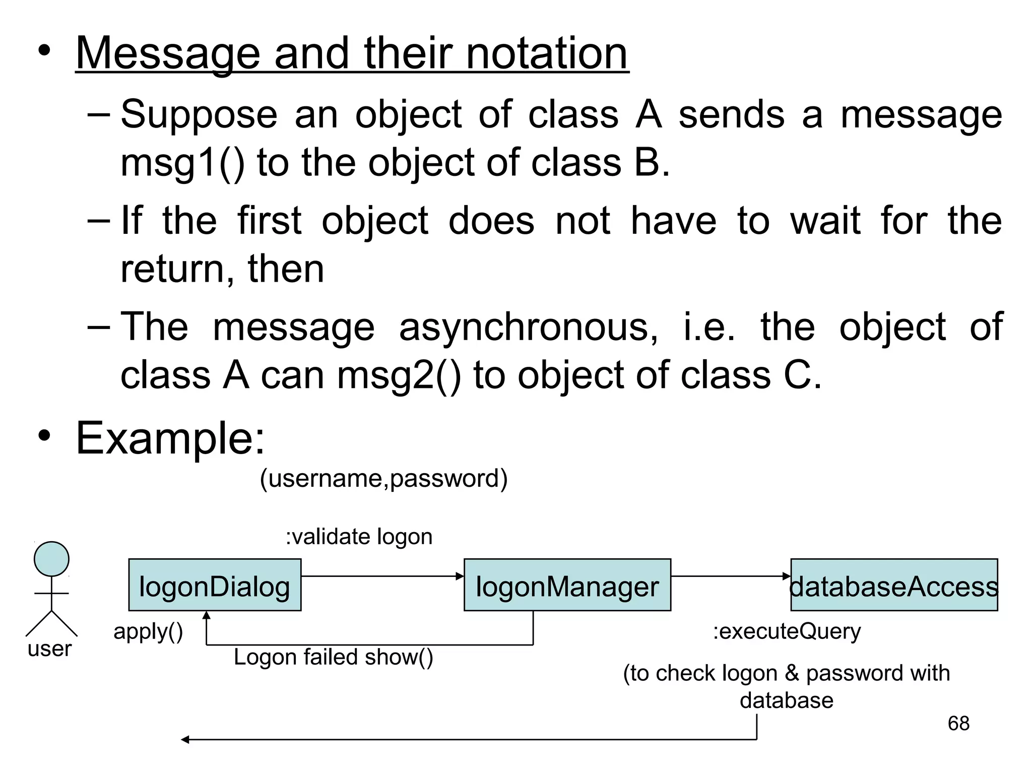 • Message and their notation
– Suppose an object of class A sends a message
msg1() to the object of class B.
– If the first object does not have to wait for the
return, then
– The message asynchronous, i.e. the object of
class A can msg2() to object of class C.
• Example:
logonDialog logonManager databaseAccess
(username,password)
:validate logon
:executeQuery
(to check logon & password with
database
Logon failed show()user
apply()
68
 