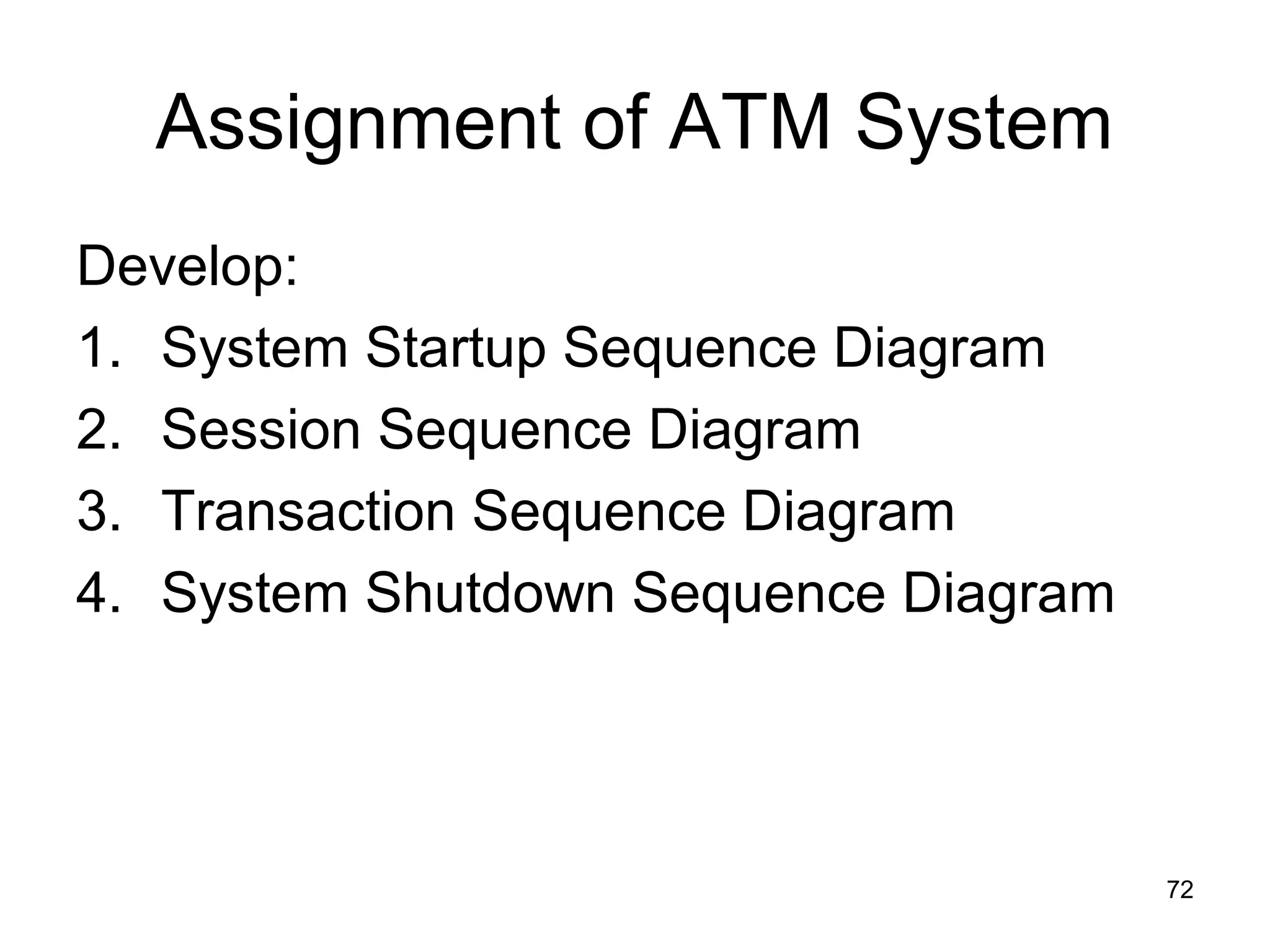 Assignment of ATM System
Develop:
1. System Startup Sequence Diagram
2. Session Sequence Diagram
3. Transaction Sequence Diagram
4. System Shutdown Sequence Diagram
72
 