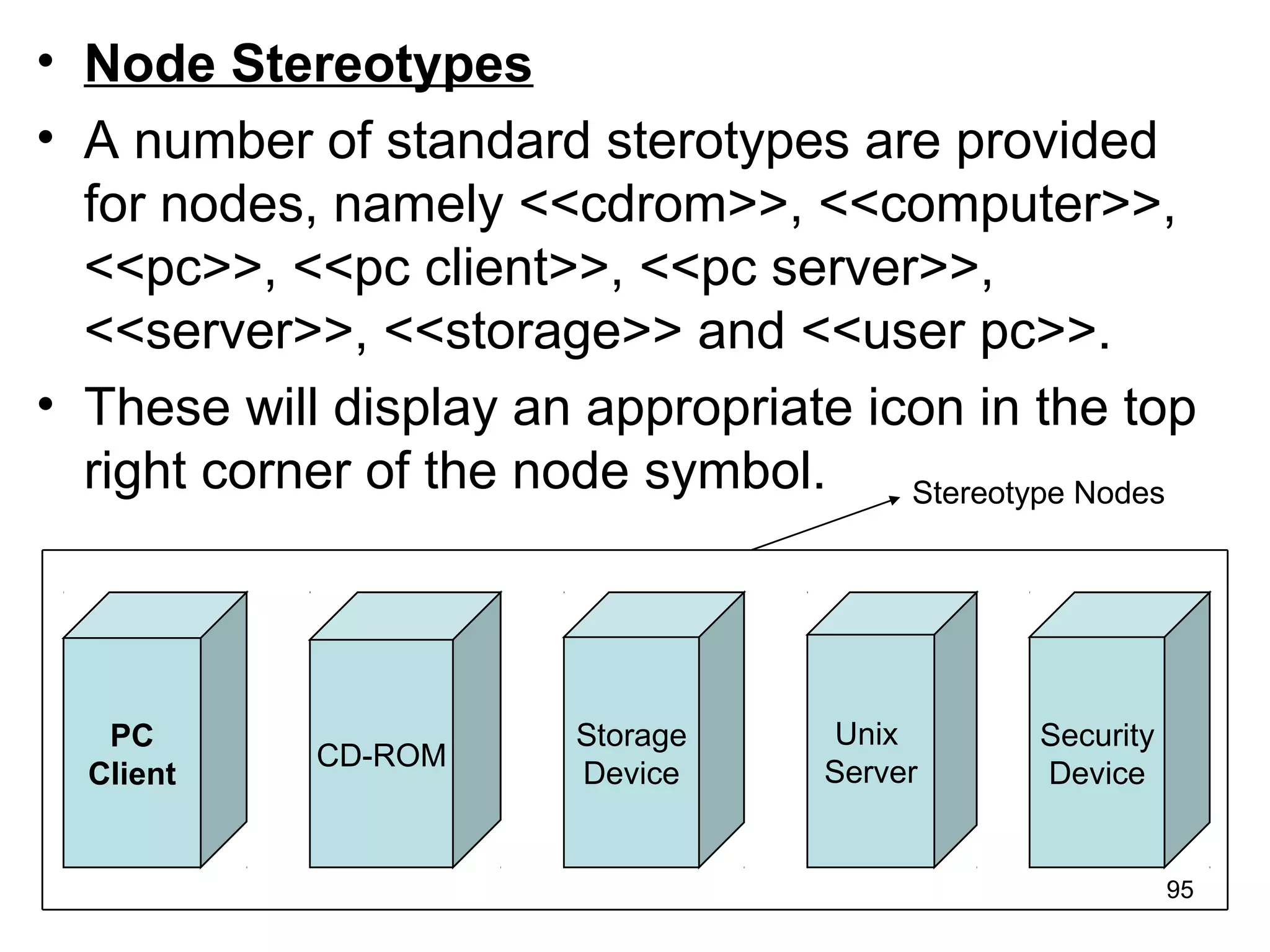 • Node Stereotypes
• A number of standard sterotypes are provided
for nodes, namely <<cdrom>>, <<computer>>,
<<pc>>, <<pc client>>, <<pc server>>,
<<server>>, <<storage>> and <<user pc>>.
• These will display an appropriate icon in the top
right corner of the node symbol. Stereotype Nodes
PC
Client
CD-ROM
Storage
Device
Unix
Server
Security
Device
95
 