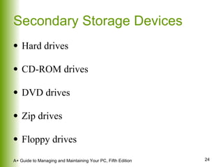 Secondary Storage Devices Hard drives CD-ROM drives DVD drives Zip drives Floppy drives 