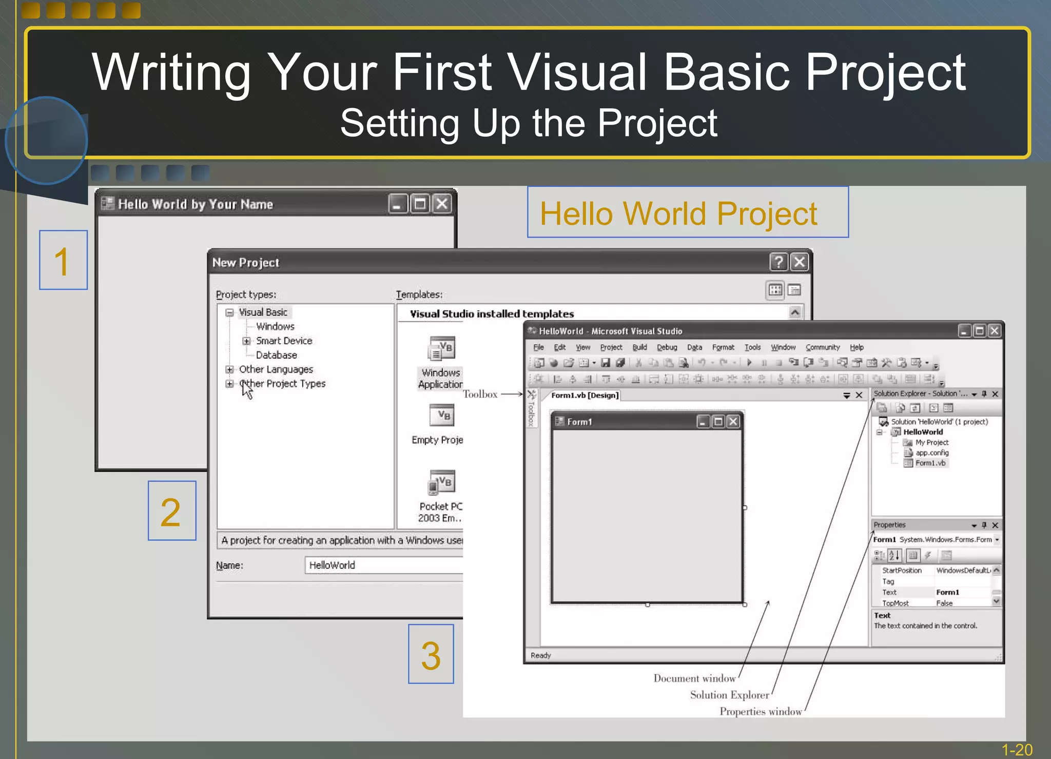 Writing Your First Visual Basic Project Setting Up the Project 1 2 3 Hello World Project  