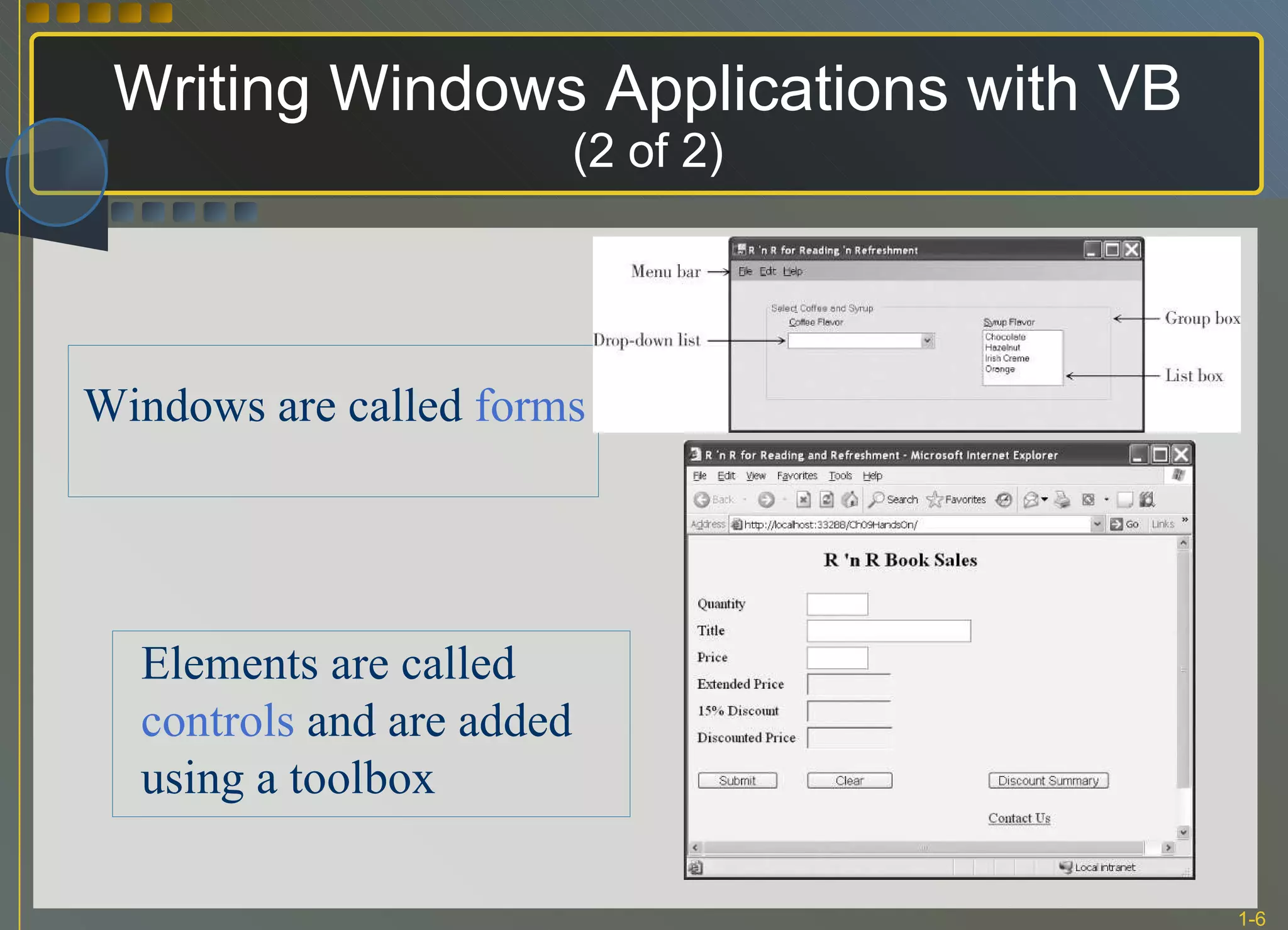 Writing Windows Applications with VB (2 of 2) Elements are called  controls  and are added using a toolbox Windows are called  forms 