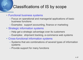 Classifications of IS by scope <ul><li>Functional business systems </li></ul><ul><ul><li>Focus on operational and manageri...