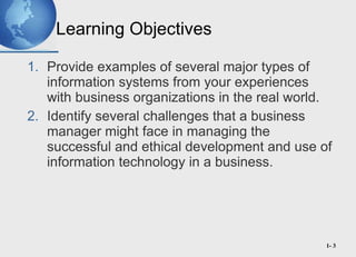 Learning Objectives <ul><li>Provide examples of several major types of information systems from your experiences with busi...