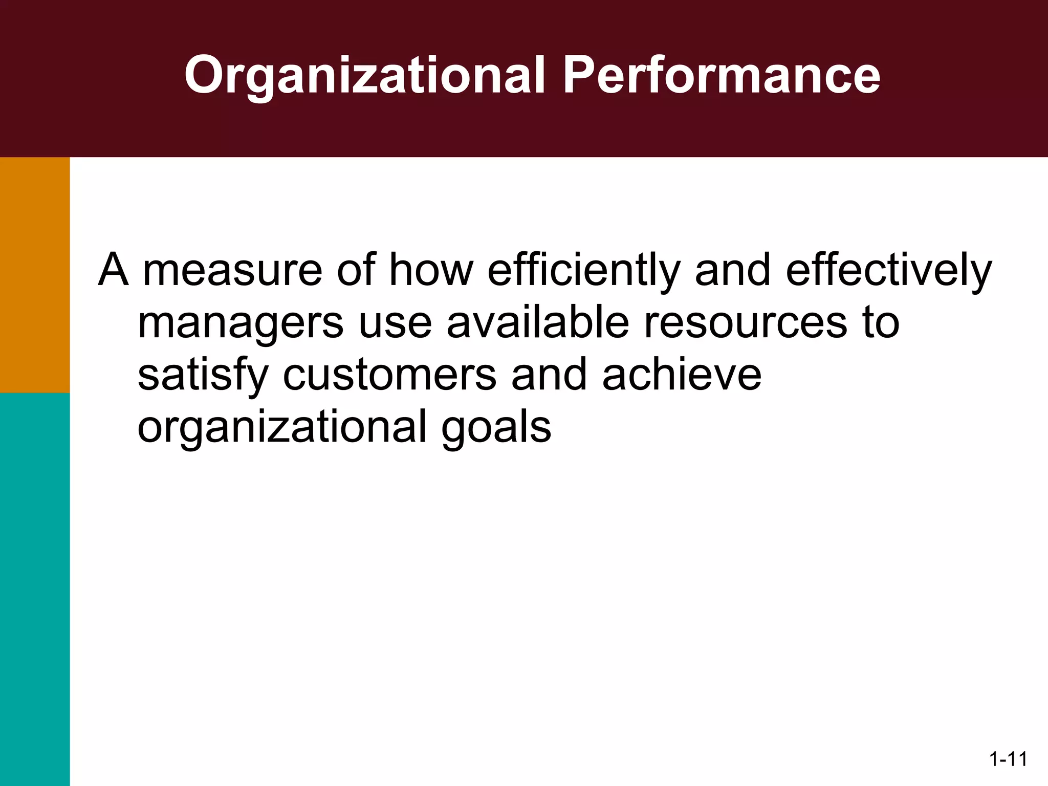 Organizational Performance A measure of how efficiently and effectively managers use available resources to satisfy customers and achieve organizational goals 1- 