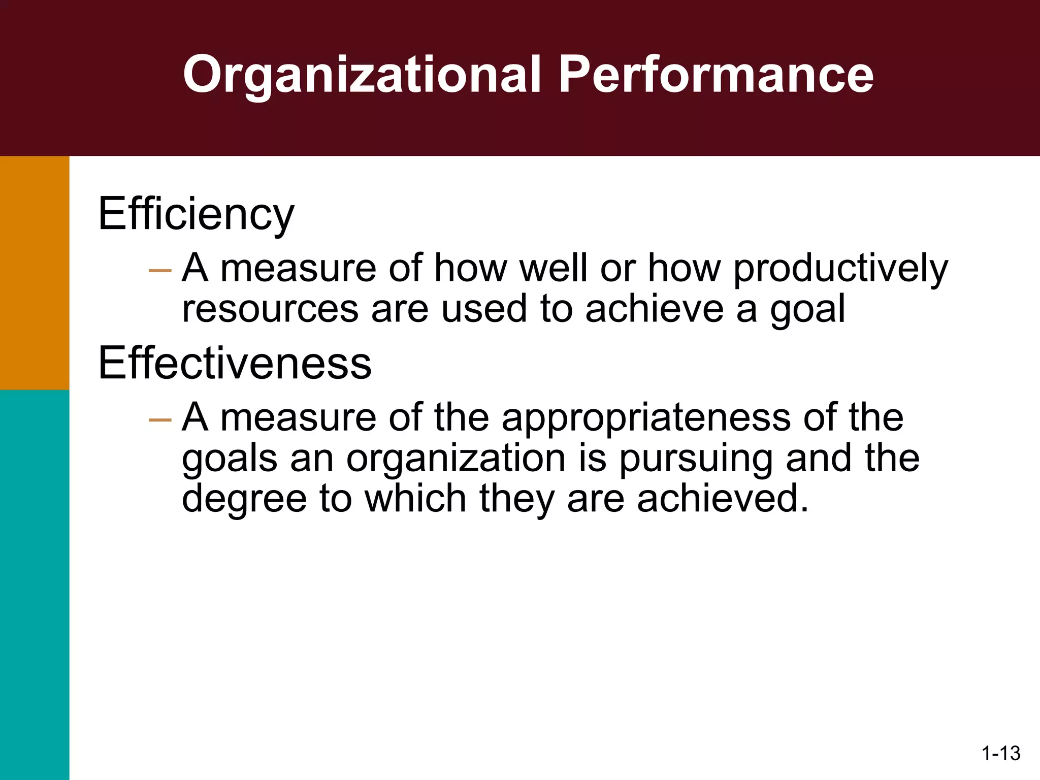 Organizational Performance Efficiency  A measure of  how well or how productively resources are used to achieve a goal Effectiveness A measure of the a ppropriateness of the goals an organization is pursuing and the degree to which they are achieved. 1- 
