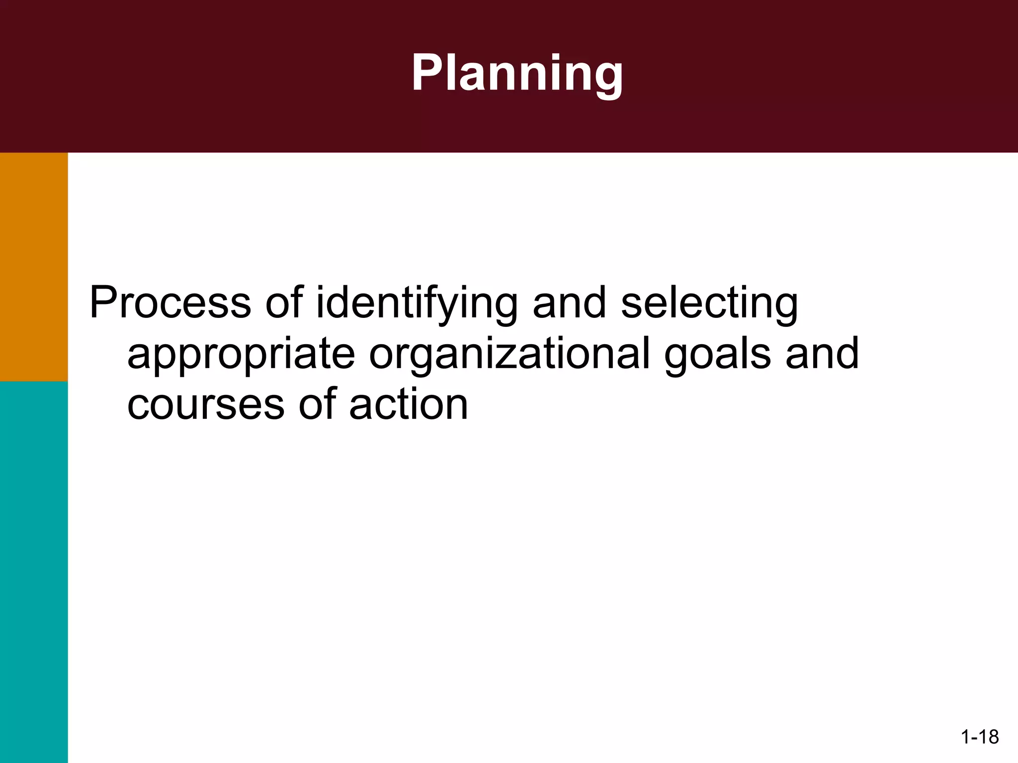 Planning Process of identifying and selecting  appropriate organizational goals and courses of action 1- 