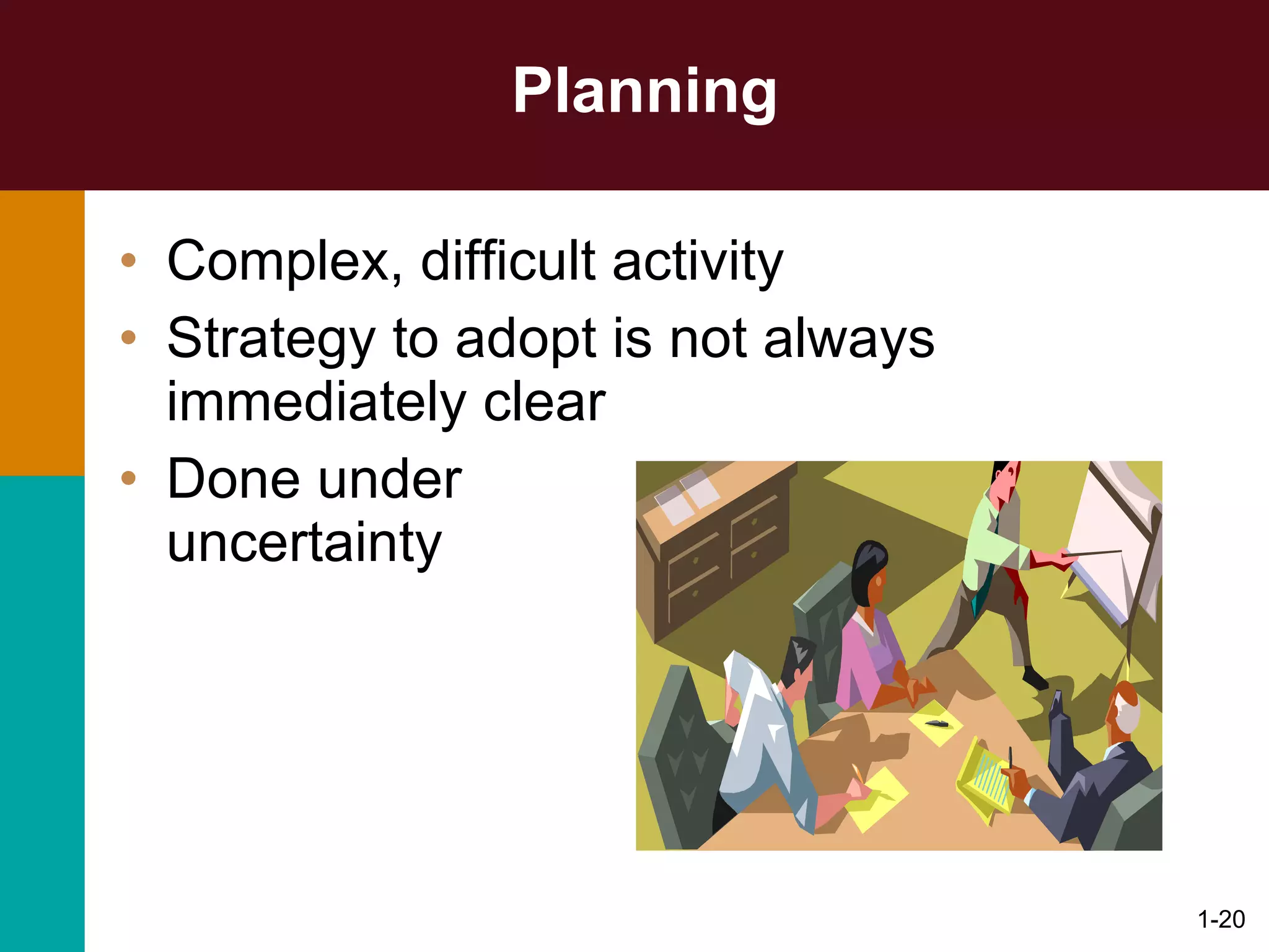 Planning Complex, difficult activity Strategy to adopt is not always immediately clear Done under  uncertainty 1- 