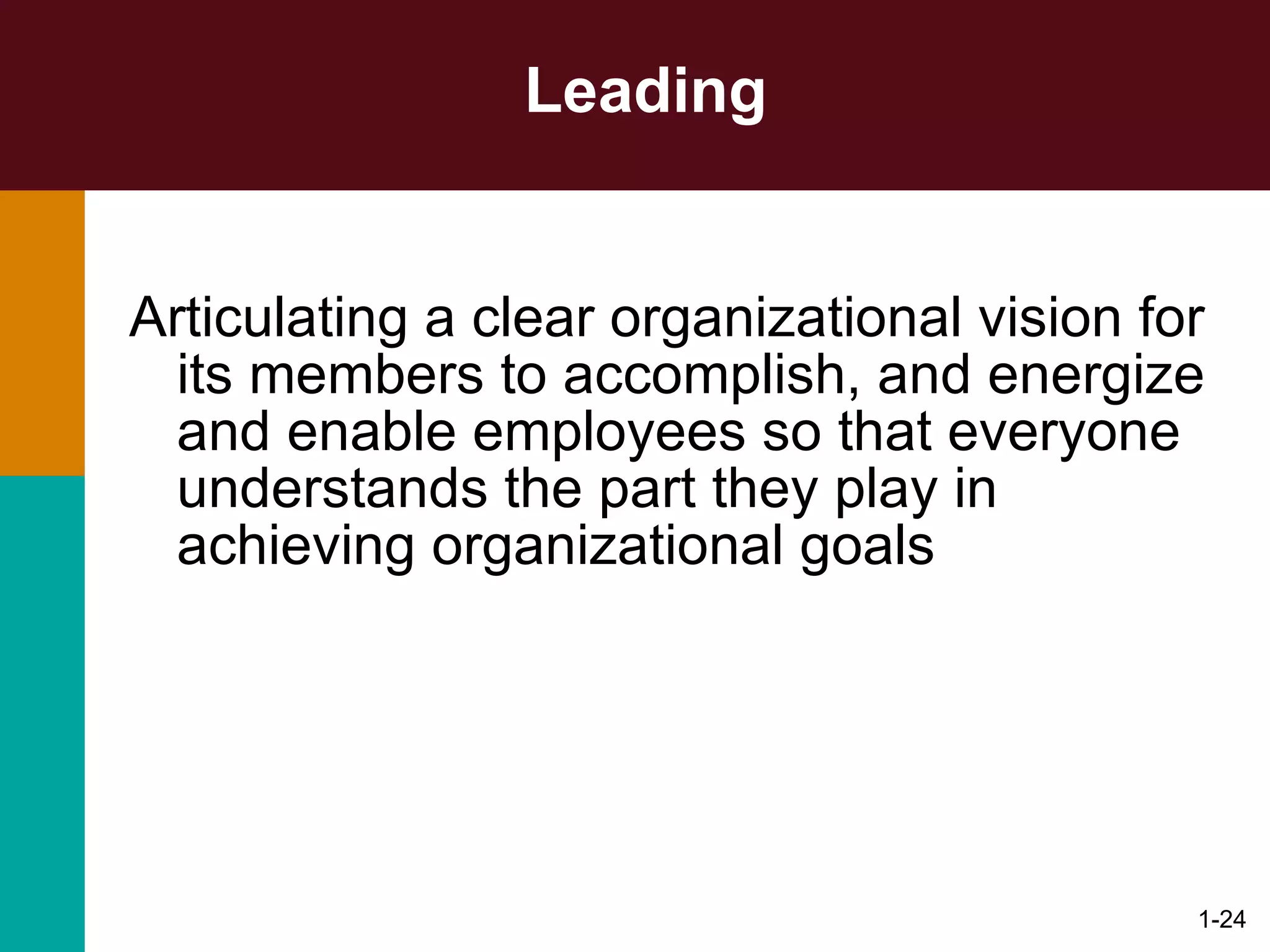 Leading Articulating a clear organizational vision for its members to accomplish, and energize and enable employees so that everyone understands the part they play in achieving organizational goals 1- 