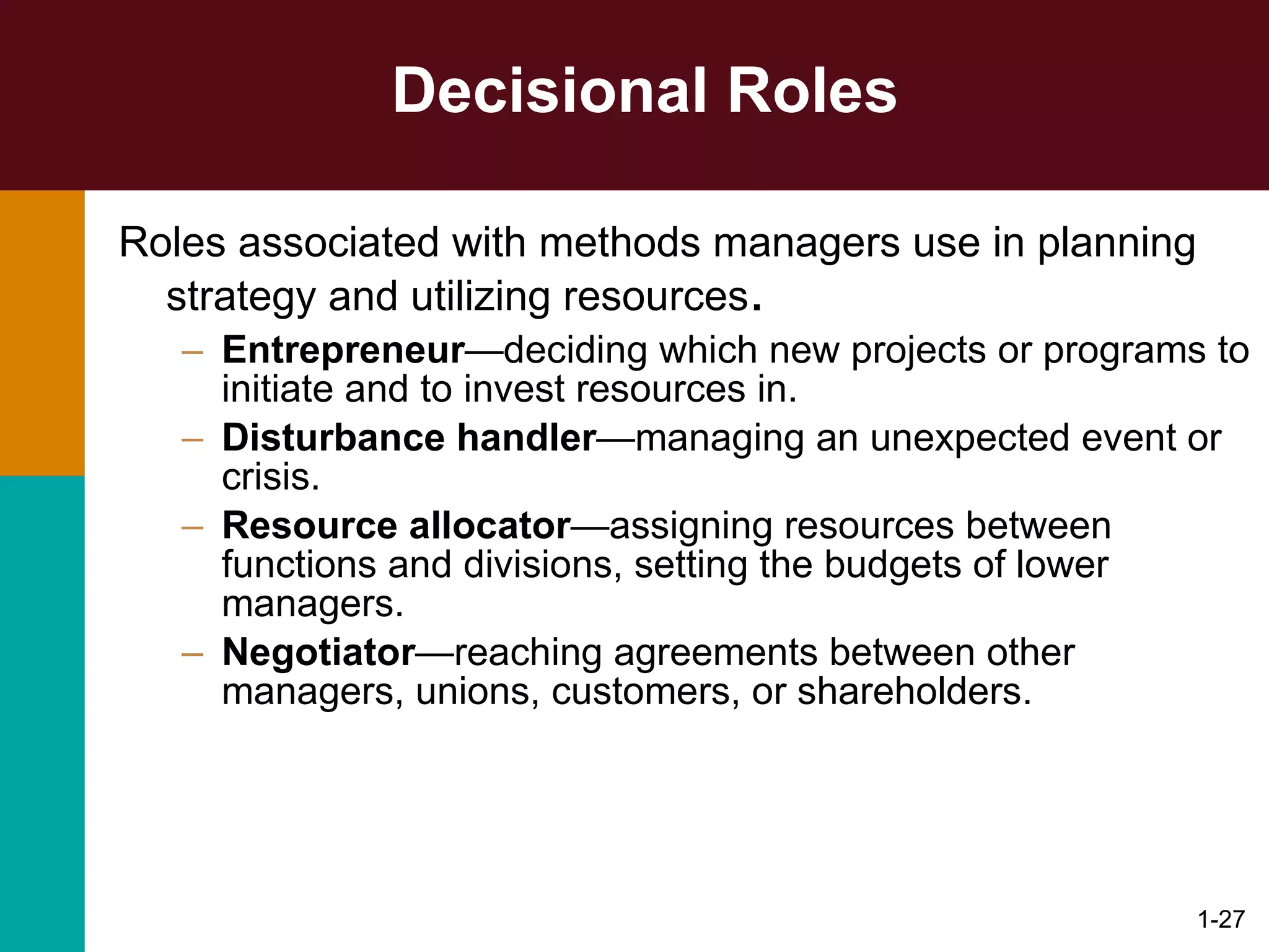 Decisional Roles Roles associated with methods managers use in planning strategy and utilizing resources . Entrepreneur — deciding which new projects or programs to initiate and to invest resources in.  Disturbance handler —managing  an unexpected event or crisis. Resource allocator — assigning resources between functions and divisions, setting the budgets of lower managers. Negotiator —reaching agreements  between other managers, unions, customers, or shareholders. 1- 