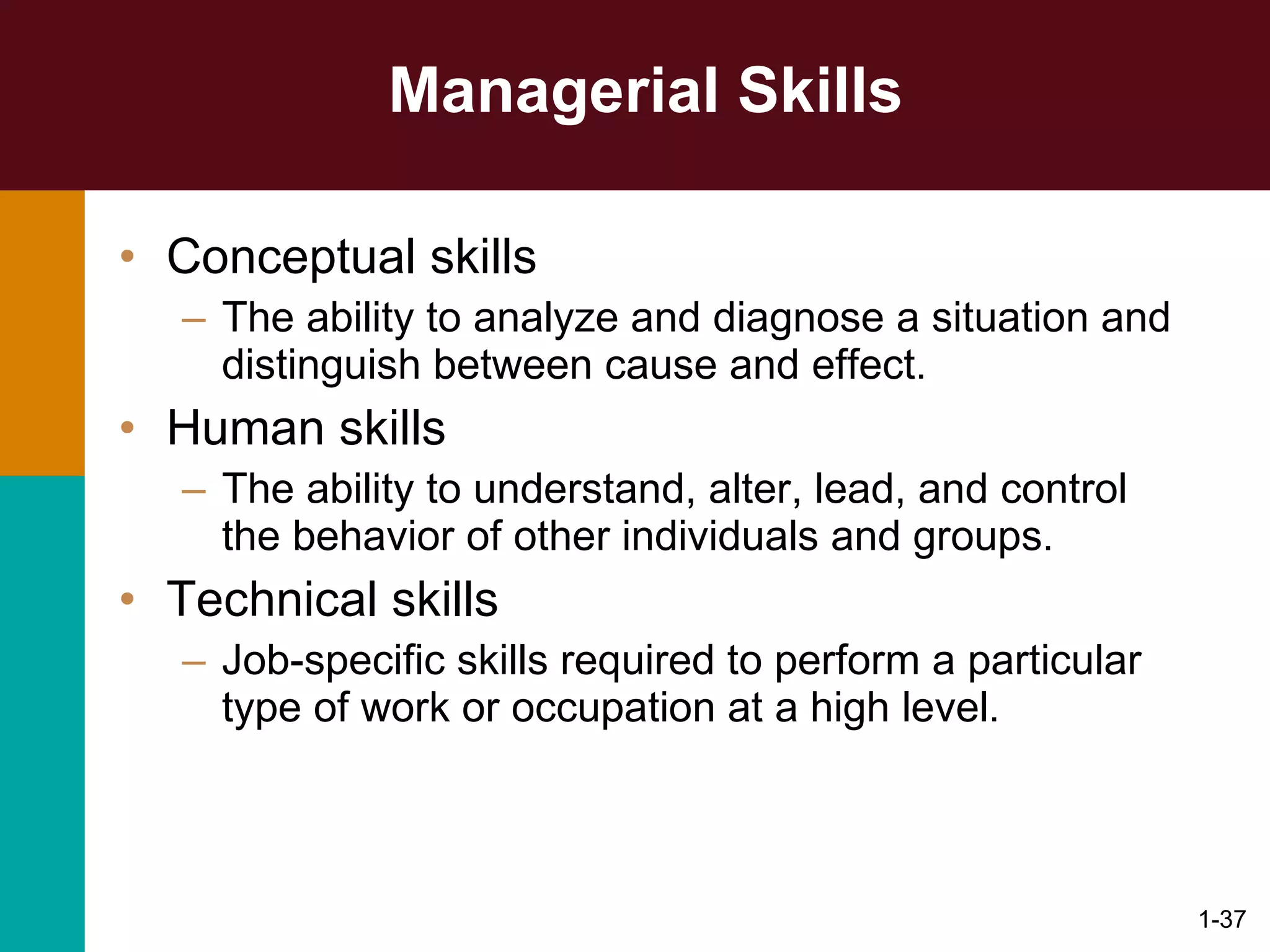 Managerial Skills Conceptual skills The ability to analyze and diagnose a situation and distinguish between cause and effect . Human skills The ability to understand, alter, lead, and control the behavior of other individuals and groups . Technical skills Job-specific skills required to perform a particular type of work or occupation at a high level . 1- 