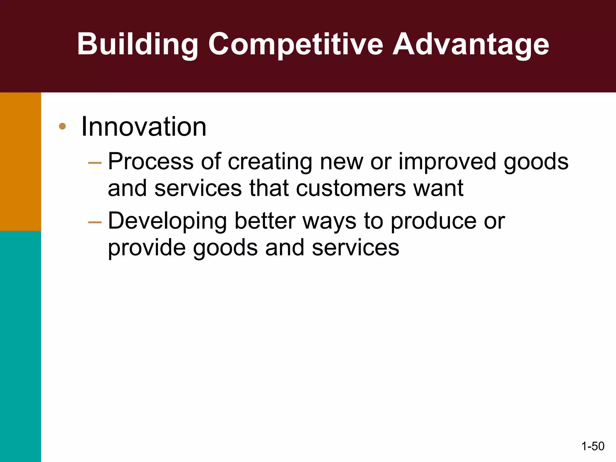 Building Competitive Advantage Innovation Process of creating new or improved goods and services that customers want Developing better ways to produce or provide goods and services 1- 